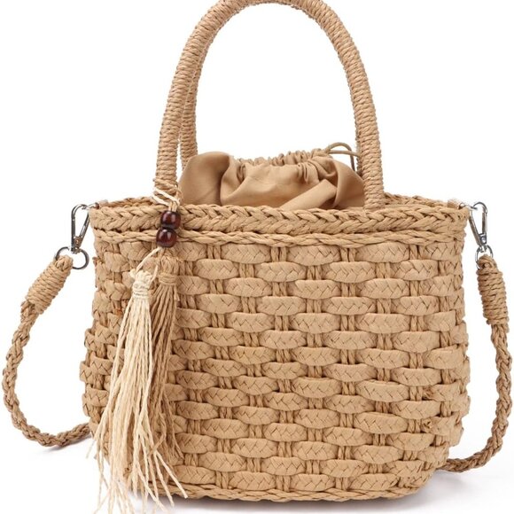 Straw Handbag Tote for Women Summer Beach Drawstring Rattan Bucket Bag Handmade